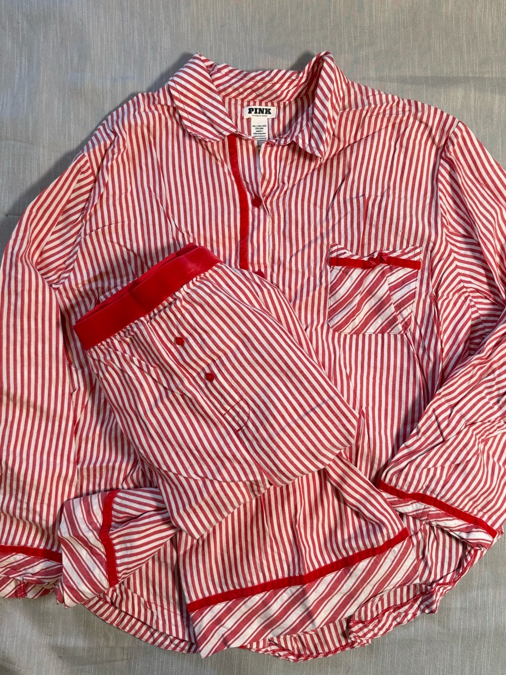 PINK Victoria's Secret Red White Candy Cane Stripe Pajama Set XXL Velvet PLUS